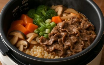 Ilustrasi Resep Sukiyaki Rice dengan Zeusbola di Rice Cooker